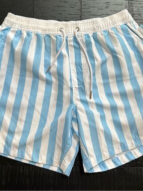 Mykonos Striped Light Blue & White Men’s Swim Trunks